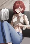  1girl absurdres blush bra_visible_through_clothes breasts brown_hair collared_shirt denim feet_out_of_frame hand_on_own_stomach highres higuchi_madoka idolmaster idolmaster_shiny_colors indoors jeans knees_up leaning_back long_sleeves looking_at_viewer medium_breasts midriff mole mole_under_eye navel pants parted_lips re-leaf see-through see-through_shirt shirt short_hair sitting solo stomach thighs wet white_shirt 