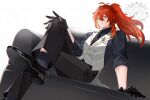  1boy black_gloves black_pants black_shirt black_shoes closed_mouth couch diluc_(genshin_impact) genshin_impact gloves hair_between_eyes highres hiki_yuichi long_hair long_sleeves male_focus on_couch pants ponytail red_eyes red_hair shirt shoes solo vest white_vest 