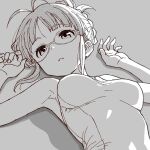  1girl akizuki_ritsuko antenna_hair breasts glasses greyscale highres hues_sunk looking_at_viewer lying monochrome on_back original simple_background solo upper_body 