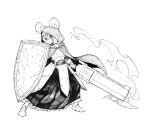  1girl absurdres animal_ears armet armor bayonet breastplate cape faulds frze18 greyscale gun gunblade helmet highres hood monochrome mouse_ears mouse_girl ratkin_(rimworld) revolver rimworld sabaton scar_across_eyes shield skirt smoke smoking_barrel solo weapon 