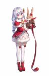 1girl artist_request bell belt black_belt blush boots braid brown_gloves capelet christmas commentary_request cross-shaped_pupils dress english_commentary full_body fur-trimmed_boots fur-trimmed_dress fur_trim gloves hair_bell hair_ornament hair_ribbon highres holding holding_stuffed_toy holly_hair_ornament king&#039;s_raid korean_commentary lavril_(king&#039;s_raid) long_sleeves mixed-language_commentary multicolored_dress official_alternate_costume official_art pom_pom_(clothes) purple_eyes red_boots red_capelet red_dress red_ribbon ribbon santa_costume santa_dress second-party_source smile solo star_ornament stuffed_animal stuffed_rabbit stuffed_toy symbol-shaped_pupils thighhighs turtleneck twin_braids white_dress white_fur white_hair white_thighhighs 