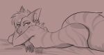 2025 5_fingers anthro biped breasts butt claws digital_drawing_(artwork) digital_media_(artwork) female finger_claws fingers fur hi_res hyena inner_ear_fluff looking_at_viewer lying mammal markings monstercheetah nude nude_anthro nude_female on_front side_view simple_background solo striped_body striped_fur striped_markings striped_tail stripes tail tail_markings tuft yeenna_(monstercheetah)