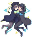  2girls absurdres ballet_slippers bird_girl bird_tail bird_wings black_cape black_fur black_gloves black_hair black_hat black_pantyhose black_shorts black_sweater blue_bow blue_bowtie blue_eyes bow bowtie cape cheek-to-cheek dark-skinned_female dark_skin dress elbow_gloves frilled_cape frilled_shorts frills fur_collar gloves grey_shoes hair_between_eyes hat head_wings heads_together highres kemono_friends long_sleeves looking_at_viewer multiple_girls newsboy_cap one_eye_closed pantyhose shiraha_maru shoes short_hair shorts sidelocks superb_bird-of-paradise_(kemono_friends) sweater sweater_dress tail turtleneck western_parotia_(kemono_friends) wings yellow_bow yellow_bowtie 