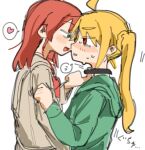  2girls ahoge black_choker blonde_hair blush bocchi_the_rock! brown_sailor_collar brown_shirt choker choker_pull commentary_request dasuper_late green_eyes green_jacket heart ijichi_nijika jacket kita_ikuyo long_hair multiple_girls open_mouth parted_lips red_eyes red_hair sailor_collar school_uniform shirt shuka_high_school_uniform side_ponytail simple_background smile spoken_heart white_background yuri 