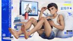  1boy bandaid bandaid_on_face bandaid_on_knee bandaid_on_leg barefoot baseball_bat baseball_uniform bean_bag_chair beitemian blue_eyes blue_shorts book cable can charger drawing_tablet drink_can highres holding holding_drawing_tablet holding_stylus male_focus monitor on_floor original power_strip shorts sitting soda_can sportswear stylus tank_top tissue_box topless_male white_tank_top 
