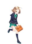  1girl ahoge bag black_socks blonde_hair bow bowtie brown_eyes full_body girlfriend_(kari) green_bow green_bowtie holding holding_bag jacket legs naruse_manami_(girlfriend_(kari)) official_art one_eye_closed plaid_clothes plaid_skirt pleated_skirt qp:flapper raised_inner_eyebrows school_bag school_uniform shoes short_hair skirt socks solo transparent_background 