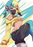  1girl absurdres aqua_hair bandeau black_mask blonde_hair blue_eyes blush breasts canari_(pokemon) criss-cross_straps dark-skinned_female dark_skin fake_hair_bun highres jacket long_sleeves looking_at_viewer mask mouth_mask multicolored_hair navel pants pokemon pokemon_legends:_z-a rono_(lethys) short_twintails solo split-color_hair sports_bra twintails two-tone_hair two-tone_mask two-tone_pants yellow_bandeau yellow_jacket yellow_mask yellow_sports_bra 