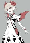  1girl ahoge arm_strap bag bare_shoulders belt belt_collar blush bracelet broken_heart_print collar colored_tips cross cross_print curled_horns demon_girl demon_horns demon_wings dress dyed_ahoge fangs feet_out_of_frame flat_chest flat_color frilled_dress frills gloves grey_background grey_hair hair_between_eyes handbag heart heart_print highres horns ikuse_hinano jewelry long_dress looking_at_viewer makaino_ririmu makaino_ririmu_(1st_costume) multicolored_hair nijisanji off-shoulder_dress off_shoulder open_mouth pixie_cut pointy_ears red_bag red_collar red_eyes red_horns red_streaks red_wings shirt_under_dress short_hair shoulder_bag sidelocks simple_background smile solo standing streaked_hair undershirt virtual_youtuber white_dress white_gloves wings 