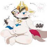 anthro belly belly_mouth blush bowl chopsticks container demon devil_connection heterochromia hi_res male mooke57vrc navel overweight sitting solo