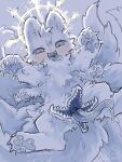  backlighting blue_background blue_eyes blue_fur body_fur claws commentary_request creature crotch_mouth drooling extra_arms extra_mouth halo halo_behind_head highres multiple_tails nippokotarou no_humans simple_background tail tongue tongue_out 