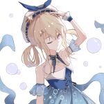  1girl back_bow bare_shoulders beret blonde_hair blue_bow blue_bowtie blue_dress blue_sleeves blue_wrist_cuffs bow bow_choker bowtie breasts bubble bubble_print bubbly_voyage_(infinity_nikki) choker cleavage closed_mouth collared_dress commentary_request cowboy_shot detached_sleeves dot_nose dress eyelashes frilled_choker frilled_wrist_cuffs frills hair_between_eyes hair_ornament hair_rings hair_tie hairclip hand_on_own_head happy hat hat_bow hat_ornament infinity_nikki looking_at_viewer medium_hair nikki_(series) one_eye_closed pink_eyes pleated_dress pleated_sleeves print_dress rabbit_hair_ornament see-through_clothes see-through_sleeves short_sleeves sidelocks simple_background smile so_ni_ni solo standing star_(symbol) star_choker star_hat_ornament star_print strapless strapless_dress striped_bow striped_clothes striped_dress vertical-striped_clothes vertical-striped_dress white_background white_choker white_hat wrist_cuffs 