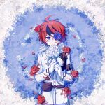  1boy absurdres ahoge armband black_armband black_streaks blue_eyes blue_flower blue_rose body_horror bouquet chinese_commentary commentary_request flower flower_bed gakuran gloves growing_out_of_body highres holding holding_bouquet jacket last_defense_academy_school_uniform looking_at_viewer lying male_focus mizongwenwu multicolored_hair on_back on_ground red_flower red_hair red_rose rose school_uniform short_hair smile solo streaked_hair sumino_takumi the_hundred_line_-last_defense_academy- white_flower white_gloves white_jacket white_rose 