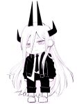  1girl chainsaw_man chibi chibi_only cross-shaped_pupils deer60868637 demon_girl demon_horns greyscale hair_between_eyes horns jacket long_hair monochrome multiple_horns necktie pants pants_rolled_up power_(chainsaw_man) shirt_partially_tucked_in solo sweat symbol-shaped_pupils very_long_hair 