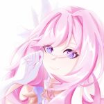  1girl absurdres chinese_commentary commentary_request diamond-shaped_pupils diamond_(shape) elysia_(herrscher_of_human:_ego)_(honkai_impact) elysia_(honkai_impact) gloves highres honkai_(series) honkai_impact_3rd long_hair looking_at_viewer nswwenzi pink_hair purple_eyes simple_background smile solo symbol-shaped_pupils triquetra upper_body very_long_hair white_background white_gloves 