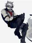  0_0ffline 1boy absurdres black_vest crossed_arms eyepatch furry furry_male grey_fur highres invisible_chair male_focus mechanical_legs red_eyes simple_background sitting solo tail vest von_lycaon white_background wolf_boy zenless_zone_zero 