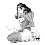  1girl artist_logo artist_name ass asymmetrical_hair barefoot breasts breasts_out closed_eyes closed_mouth clothes_pull earrings eyelashes feet fingernails forehead from_side full_body godiva_ghoul greyscale hair_behind_ear hand_on_own_thigh head_down horns jewelry jpeg_artifacts juliet_sleeves leotard lips logo long_fingernails long_hair long_sleeves makeup medium_breasts mole mole_on_forehead mole_under_eye monochrome multicolored_hair multiple_moles neck_ruff nipples nose original parted_hair perky_breasts profile puffy_nipples puffy_sleeves seiza sharp_fingernails simple_background sitting skin-covered_horns soles solo sparkle stirrup_legwear streaked_hair tail tail_through_clothes thighhighs toeless_legwear toes white_background 