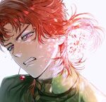  1boy buttons clenched_teeth collared_jacket earrings eyelashes floating_hair green_jacket jacket jewelry jojo_no_kimyou_na_bouken kakyoin_noriaki male_focus og_man piercing pink_eyes red_hair sanpaku short_hair solo stardust_crusaders sweat teeth white_background 