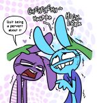 anthro beanie_(roommates) bite biting_lip blue_body blush bodily_fluids bonbon_(roommates) buckteeth dialogue ear_rub eyelashes female five_nights_at_freddy&#039;s group hi_res human lagomorph leporid male mammal mike_schmidt moan purple_body rabbit roommates:motha rubbing scottgames shaking sockdraw speech_bubble sweat teeth trio