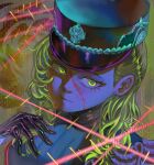  1girl absurdres black_dress black_gloves black_hat brown_background closed_mouth corvus_(reverse:1999) dress gloves green_eyes green_hair hand_up hat highres leather leather_gloves long_hair looking_at_viewer peaked_cap portrait reverse:1999 solo stitched_face stitches syun_(ashenaurora) 