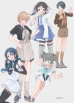  5girls aqua_neckerchief bike_shorts bike_shorts_under_skirt black_eyes black_gloves black_hair black_jacket black_neckerchief black_one-piece_swimsuit black_sailor_collar black_thighhighs blue_eyes blue_hair blue_skirt brown_hair brown_sailor_collar brown_serafuku brown_shirt brown_shorts brown_socks collared_shirt commentary_request diagonal-striped_clothes diagonal-striped_necktie dress dress_shirt elbow_gloves feet_out_of_frame full_body gloves green_eyes grey_background grey_dress grey_hair grey_sailor_collar grey_thighhighs headgear highres i-36_(kancolle) inagi_(kancolle) inagi_kai_ni_(kancolle) intrepid_(kancolle) jacket kantai_collection kokko_(014kko) long_hair looking_at_viewer low_twintails mogami_(kancolle) mogami_kai_ni_(kancolle) multiple_girls neckerchief necktie one-piece_swimsuit orange_neckerchief orange_sailor_collar ponytail sailor_collar sailor_shirt school_swimsuit school_uniform serafuku shirt short_hair shorts simple_background skirt sleeveless sleeveless_shirt socks striped_clothes suspenders suzukaze_(kancolle) swimsuit swimsuit_under_clothes thighhighs twintails v white_jacket white_shirt 