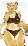  1girl aya_(arioriak) beer_can blue_eyes body_fur bra can claws commentary_request cowboy_shot drink_can furry furry_female gradient_background highres holding holding_can licking licking_hand lion_girl looking_at_viewer original panties simple_background solo standing tail underwear white_background yellow_fur 