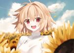  1girl :d ahoge arcueid_brunestud aro_1801 blonde_hair blush breasts cloud cloudy_sky field floating_hair flower flower_field hair_intakes happy highres jewelry looking_at_viewer necklace open_mouth petals red_eyes short_hair sky smile sunflower sunflower_field sweater tsukihime tsukihime_(remake) turtleneck turtleneck_sweater upper_body white_sweater 