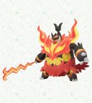  black_fur boar claws colored_skin emboar fangs fire full_body highres holding holding_staff mega_emboar mega_pokemon no_humans official_art orange_fur pokemon pokemon_(creature) pokemon_focus pokemon_legends:_z-a red_eyes sharp_teeth solo staff teeth tusks weapon 
