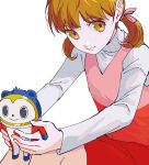  1girl absurdres ako_(eanaaati1) brown_eyes brown_hair character_doll closed_mouth commentary_request doll doujima_nanako dress feet_out_of_frame hair_ribbon highres holding holding_stuffed_toy kuma_(persona_4) long_sleeves looking_at_viewer low_twintails persona persona_4 pink_dress pink_ribbon red_dress ribbon short_hair short_twintails simple_background sitting smile solo stuffed_toy sweater turtleneck turtleneck_sweater twintails two-tone_dress white_background white_sweater 