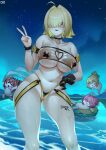  1girl :3 absurdres ahoge aqua_hairband areola_slip arm_strap bare_shoulders black_choker black_gloves blonde_hair blue_eyes blush blush_stickers body_writing breasts chinese_commentary choker cleavage closed_eyes closed_mouth clothing_cutout collarbone commentary_request cross cross_pasties d._joko doro_(nikke) elegg_(boom_and_shock)_(nikke) elegg_(nikke) fang flower-shaped_hair folded_ponytail game_controller_print ghost gloves goddess_of_victory:_nikke groin hair_between_eyes hair_intakes hair_over_eyes hairband hand_on_own_hip heart_cutout highres large_breasts long_bangs long_hair looking_at_viewer multicolored_hair navel night official_alternate_costume on_innertube open_mouth outdoors pasties pink_hair ponytail pool product_23_(nikke) purple_eyes rabbit_choker rabbit_ornament rapi_(nikke) rapi_(red_hood)_(nikke) rapi_(red_hood)_(red_flavor)_(nikke) red_hair short_hair sidelocks single_glove skindentation sky smile standing star_(sky) starry_sky stomach swimsuit two-tone_hair underboob variant_set watch water wet wristwatch 