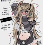  ! !! 1girl absurdres arm_behind_head artist_name bite_mark bite_mark_on_leg bite_mark_on_thigh black_shorts blonde_hair blush breasts commentary cowboy_shot crying crying_with_eyes_open dokidomiki dolphin_shorts english_commentary english_text grabbing_own_hair grey_jacket hair_between_eyes hair_ornament heart highres holding holding_own_hair jacket large_breasts long_hair long_sleeves looking_down messy_hair miki_(dokidomiki) navel open_clothes open_jacket original panty_straps pink_eyes scar scar_on_stomach short_shorts shorts simple_background solo star_(symbol) star_hair_ornament stomach striped_clothes striped_jacket tank_top tears tiktok_username twitch_username twitching twitter_username white_background white_tank_top 