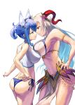  2girls absurdres alternate_costume animal_ears armband ass assertive_female asymmetrical_docking bangs bare_shoulders bikini blue_eyes blue_hair breast_press breasts commission commissioner_upload curled_horns fire_emblem fire_emblem_heroes flower flower_necklace food freyja_(fire_emblem) goat_horns hair_ornament hand_on_hip highres horns ice ice_cream ice_horns juunishi_aya large_breasts long_hair medium_breasts midriff multicolored_hair multiple_girls navel nifl_(fire_emblem) non-web_source official_alternate_costume official_alternate_hairstyle open_mouth pelvic_curtain ponytail red_eyes red_horns short_hair size_difference stare_down swimsuit thighs transparent_background two-tone_bikini two-tone_swimsuit white_bikini white_hair 