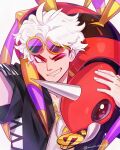  1boy absurdres ariados black_jacket bright_pupils grin guzma_(pokemon) hand_up highres jacket jewelry looking_at_viewer male_focus mario_(2669431) mixed-language_commentary necklace one_eye_closed open_clothes open_jacket pokemon pokemon_(creature) pokemon_sm selfie shirt short_hair short_sleeves smile sunglasses team_skull teeth twitter_username white_hair white_shirt yellow-framed_eyewear zipper 