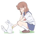  1girl animal bell blue_sailor_collar blue_skirt brown_hair brown_shoes cat city_(arawi_keiichi) closed_eyes from_side grass hand_on_own_cheek hand_on_own_face highres izumi_riko_(city) medium_hair mimineko neck_bell neckerchief open_mouth red_neckerchief sailor_collar shirt shoes short_sleeves short_twintails simple_background skirt smile socks tail twintails white_background white_shirt white_socks wichimi 