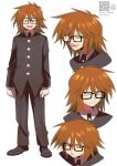  1boy absurdres black_coat black_eyes blood coat commentary_request fang glasses gloves highres male_focus multiple_views nosebleed orange_hair otori_0 randal&#039;s_friends randal_ivory short_hair simple_background standing white_background white_gloves 