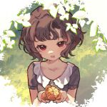  1girl :d aged_down border brown_hair dagong_baiquan fading_border food from_above fruit green_background grey_shirt hands_up highres holding holding_food holding_fruit leaf looking_at_viewer orange_(fruit) orange_peel orange_slice red_eyes reverse:1999 schneider_(reverse:1999) shirt short_hair short_sleeves smile solo upper_body white_border 