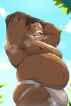 2025 anthro bear belly big_belly blush brown_body brown_fur bulge clothing fur hi_res jockstrap kemono male mammal musclegut muscular musk outside overweight overweight_male solo underwear undressing utu_kuma257
