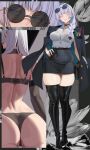  1girl absurdres alternate_costume ass black_boots black_bra black_choker black_coat black_panties boots bra bra_visible_through_clothes braid breasts cameltoe choker closed_eyes coat colored_eyelashes dress_shirt eyewear_on_head formal_clothes goddess_of_victory:_nikke gong_dol_hong grey_hair highres large_breasts multiple_views nayuta_(nikke) panties pencil_skirt shirt single_braid skindentation skirt solo sunglasses thick_eyelashes thick_thighs thigh_boots thighs underwear unusually_open_eyes white_eyelashes white_shirt 