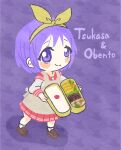  1girl apron bento blush brown_shoes character_name highres hiiragi_tsukasa holding_bento lucky_star pleated_skirt purple_background purple_eyes purple_hair red_sailor_collar red_skirt ryouou_school_uniform sailor_collar school_uniform shadow shoes short_hair skirt smile sugawa_ran 