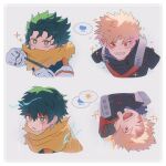  2boys bakugou_katsuki blonde_hair blood blood_on_face boku_no_hero_academia border bruise bruise_on_face clenched_hand commentary cropped_torso freckles ftroourlives gloves green_eyes green_hair grin highres injury male_focus midoriya_izuku multiple_boys multiple_views open_mouth orange_eyes scarf smile spiked_hair superhero_costume symbol-only_commentary teeth uneven_eyes white_border white_gloves yellow_scarf 