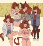  1girl absurdres alternate_costume animal_ears bag bare_shoulders bikini black_pantyhose blue_jacket blue_shorts blush bow breasts brown_eyes brown_hair cleavage collarbone denim denim_shorts dolphin_shorts ear_bow ear_covers ear_ornament ear_ribbon fanning_face fanning_self food food_in_mouth green_bow grey_shirt grey_sweater gutalalaman highres holding holding_bag horse_ears horse_girl horse_tail jacket long_sleeves looking_at_viewer medium_breasts medium_hair midriff multicolored_hair navel nice_nature_(umamusume) open_clothes open_jacket open_mouth pantyhose pink_bikini polka_dot polka_dot_bikini polka_dot_shirt ponytail popsicle popsicle_in_mouth rainbow red_shirt shirt shorts smile stomach streaked_hair striped_clothes striped_shirt sweat sweater swimsuit tail tank_top twintails umamusume white_jacket white_tank_top 