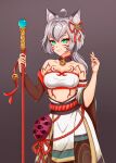  1girl ahoge animal_ear_fluff animal_ears bandeau bare_shoulders bell breasts cat_ears cleavage collarbone cowboy_shot detached_sleeves facial_mark gradient_background green_eyes grey_background grey_hair hair_between_eyes hair_ornament hair_ribbon hands_up highres holding holding_staff holding_weapon jingle_bell looking_at_viewer medium_breasts midriff multicolored_hair neck_bell original pantyhose polish_commentary ponytail red_ribbon ribbon rope short_hair smile staff standing strapless streaked_hair tattoo tube_top weapon white_tube_top zamkadye 