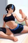  1girl :o armpits bare_arms bare_shoulders barefoot black_hair black_nails black_shorts black_sports_bra blue_hair blue_trim breasts brown_eyes collarbone dolphin_shorts drawstring english_commentary feet foot_up hair_between_eyes highres holding_own_leg knee_brace legs looking_to_the_side medium_breasts midriff multicolored_hair nail_polish navel navel_piercing nihu original parted_lips piercing shiragi_(nihu) short_hair shorts single_hair_streak skindentation soles solo sports_bra stomach stretching thighs toenail_polish toenails toes toned toned_female window yoga_mat 