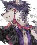  1boy arbok black_jacket body_fur claws commentary_request corbeau_(pokemon) eyewear_strap furrification furry furry_male glasses hand_up highres jacket looking_at_viewer male_focus necktie pokemon pokemon_(creature) pokemon_legends:_z-a purple_fur purple_hair purple_shirt round_eyewear shirt short_hair simple_background solo sski_0 upper_body white_background wolf_boy yellow_eyes 