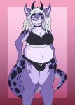 2025 anthro belly border bra breasts bulge clothing cross darckart digital_drawing_(artwork) digital_media_(artwork) dragon emriss_(darckart) english_description fur gradient_background gynomorph hair hand_on_hip hi_res horn inner_ear_fluff intersex inverted_cross jewelry long_hair looking_aside markings mythological_creature mythological_scalie mythology navel necklace overweight overweight_gynomorph overweight_intersex panties pink_background purple_body purple_fur purple_inner_ear red_border scalie simple_background solo sports_bra spots spotted_body spotted_fur standing stretch_marks thick_thighs trans_(lore) trans_woman_(lore) tuft underwear white_hair white_inner_ear_fluff yellow_eyes