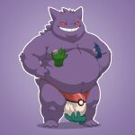 2025 anthro balls_outline belly big_belly bobbellyboy bulge clothing detailed_bulge generation_1_pokemon gengar genital_outline hi_res male moobs nintendo nipples overweight overweight_male penis_outline pokemon pokemon_(species) purple_background purple_body simple_background smile solo_focus standing underwear