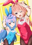  2boys absurdres alternate_costume animal_ears arm_around_waist arm_up armpits aroma_(aromax) astolfo_(fate) black_pantyhose blue_eyes blue_hair blue_leotard bulge fake_animal_ears fang fate/grand_order fate_(series) hacka_doll hacka_doll_3 highres leotard long_hair looking_at_viewer multiple_boys pantyhose pink_hair playboy_bunny purple_eyes rabbit_ears red_leotard skin_fang solo trap very_long_hair white_wrist_cuffs wrist_cuffs 