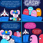 1:1 2023 3_fingers 4_fingers 4_panel_comic anthro asking asking_another badge belt big_ears black_eyes blinky_(pac-man) blue_bottomwear blue_clothing blue_eyelids blue_eyes blue_hat blue_headwear blue_line_art blue_shirt blue_topwear bodily_fluids bottomwear brother_(lore) brother_and_sister_(lore) brown_belt check_mark clipboard clothed clothed_anthro clothed_male clothing clyde_(pac-man) colored colored_line_art comic courtroom crossover derp_eyes dialogue digital_media_(artwork) english_description english_text exclamation_point eyebrows eyelashes female fingers floating_hands fully_clothed fully_clothed_anthro fully_clothed_male fur furrowed_brow galaga gasp ghost group half-closed_eyes hat headgear headwear hi_res holding_clipboard holding_object inky_(pac-man) inside jury light lighting limbless looking_at_another looking_at_object male mammal mappy mappy_(character) mouse mouthless murid murine narrowed_eyes nervous nervous_sweat no_pupils noseless officer open_mouth open_smile orange_body pac-man_(series) paper peaked_cap pink_body pink_eyebrows pink_line_art pink_mouth pinky_(pac-man) pupils question red_body red_nose rodent scared shirt sibling_(lore) sister_(lore) smile spacecraft speech_bubble spirit sweat tanookitalez teeth text thin_eyebrows topwear vehicle white_body white_fur white_mouth white_pupils yelling