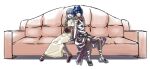  1boy 1girl acolyte_(ragnarok_online) armor assassin_(ragnarok_online) bandages bandages_over_clothes black_shoes blue_eyes blue_hair brown_pantyhose brown_shirt brown_shoes cape capelet commentary_request couch couple full_body hetero holding_hands long_sleeves on_couch pants pantyhose pauldrons purple_cape purple_eyes purple_pants purple_shirt ragnarok_online shirt shoes short_hair shoulder_armor simple_background sitting skirt sleeveless sleeveless_shirt toriria waist_cape white_background white_capelet white_skirt 