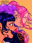  3girls black_hair braid braided_ponytail earrings eyelashes eyeshadow floating_hair highres jewelry kpop_demon_hunters lenesketch looking_ahead makeup mira_(kpop_demon_hunters) multiple_girls open_mouth orange_background pink_eyeshadow pink_hair profile purple_hair rumi_(kpop_demon_hunters) short_bangs signature simple_background smile zoey_(kpop_demon_hunters) 