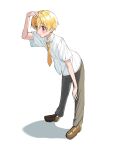  1boy arm_up blonde_hair brown_pants commentary full_body grey_pants hair_between_eyes hand_on_own_knee highres kai_(shell) leaning_forward looking_ahead male_focus necktie pants root_(stpri) shadow shirt short_hair short_sleeves simple_background solo strawberry_prince symbol-only_commentary white_background white_shirt yellow_necktie 